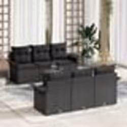 Ensemble de Canapé de Jardin 7 Pièces avec Coussins Noir Poly Rattan Acacia