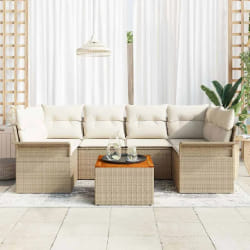 Ensemble de Canapé de Jardin 7 Pièces avec Coussins Beige Poly Rattan Acacia