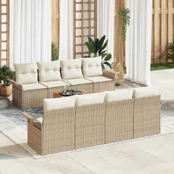 Canapé de jardin 9 pièces avec coussins beige poly rotin acacia