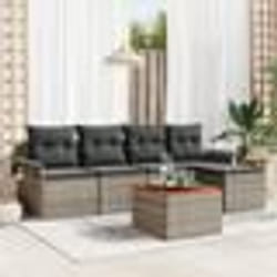Ensemble de Canapé de Jardin 6 Pièces avec Coussins Gris Poly Rattan Acacia