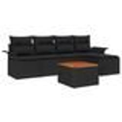Ensemble de Canapé Jardin de 6 Pièces avec Coussins Noir Poly Rattan Acacia