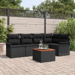 Ensemble de Canapés de Jardin 6 pièces avec Coussins Rattan Poly Noir Acacia