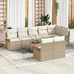 Ensemble de Canapé de Jardin 9 Pièces avec Coussins Beige Poly Rattan Acacia
