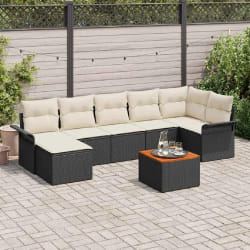 Set de Canapé de Jardin de 8 Pièces avec Coussins Noir Rattan Poly Acacia