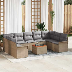 Ensemble de Canapé de Jardin 10 Pièces avec Coussins Beige Poly Rattan Acacia
