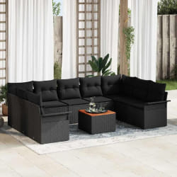 Ensemble de canapé de jardin de 10 pièces avec coussins en poly rattan noir