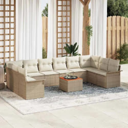 Ensemble de Canapé de Jardin 11 pièces avec Coussins Beige Poly Rattan Acacia