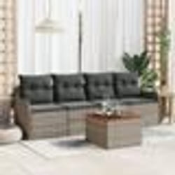 Canapé de Jardin 5 Pièces avec Coussins Gris Poly Rattan Acacia