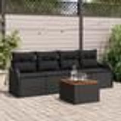 Ensemble de 5 Pièces Canapé de Jardin avec Coussins Noir Poly Rattan Acacia