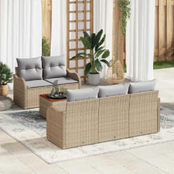 Ensemble de 6 canapés jardin avec coussins beige rattan poly acacia