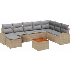Canapé de Jardin 9 Pièces avec Coussins Beige Poly Rattan Acacia
