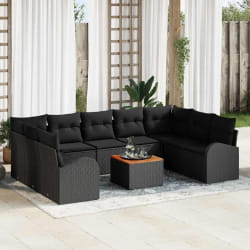 vidaXL Canapé de jardin 10 pcs Noir Grand Rotin, bois, tissu