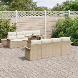 Ensemble de canapé de jardin 9 pièces avec coussins Beige Poly Rattan