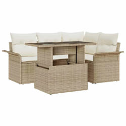 Canapé de jardin 5 pièces avec coussins beige en poly rotin