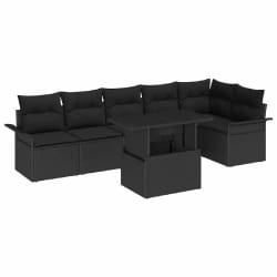 Set de canapé de jardin 7 pièces avec coussins noir en poly rattan