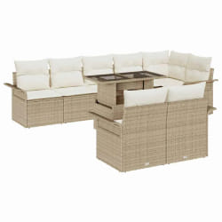 Canapé jardin 9 pièces avec coussins beige en poly rotin