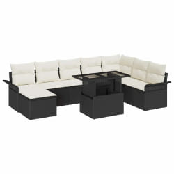 Ensemble de canapé de jardin 9 pièces avec coussins Noir Poly Rattan, Canapé de jardin 2 places avec rangement et coussins Noir Poly Rattan
