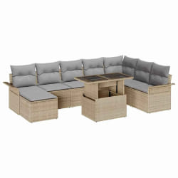 Ensemble de Canapé de Jardin 9 Pièces avec Coussins Beige Poly Rattan