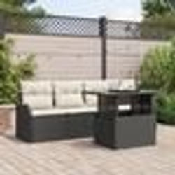 Canapé de jardin 5 pièces avec coussins noir poly rotin