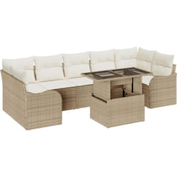 Ensemble de Canapé de Jardin 8 pièces avec Coussins Beige en Rattan Poly, Canapé de Jardin 2 Places avec Rangement et Coussins Beige en Rattan Poly