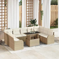 Ensemble de canapés de jardin 10 pièces avec coussins Beige Poly Rotin