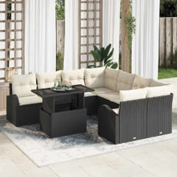 Ensemble de Canapé de Jardin 9 Pièces avec Coussins en Rattan Poly Noir