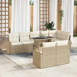 Ensemble de Canapés de Jardin 9 pièces avec Coussins Beige Rattan Poly