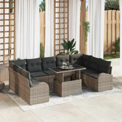 Ensemble Canapé Jardin 10 Pièces avec Coussins Gris en Rattan Poly