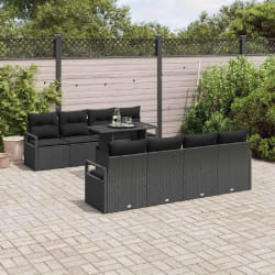 Ensemble de Canapé de Jardin 9 Pièces avec Coussins Noir en Rattan Poly