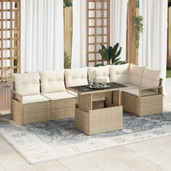 Ensemble de Canapés de Jardin 7 pièces avec Coussins Beige Poly Rattan