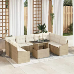 vidaXL Ensemble de canapé de jardin 10 pièces avec coussins beige en poly rattan