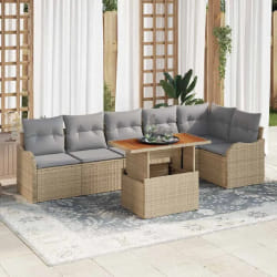 Canapé de jardin 7 pièces avec coussins beige en poly rotin