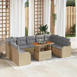 Ensemble de canapé de jardin 10 pièces avec coussins en rotin poly beige