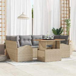 Ensemble de canapé de jardin 7 pièces avec coussins beige rotin poly