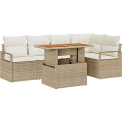 Ensemble de canapé de jardin 6 pièces avec coussins beige en poly rotin, Canapé de jardin 2 places avec rangement et coussins beige en poly rotin