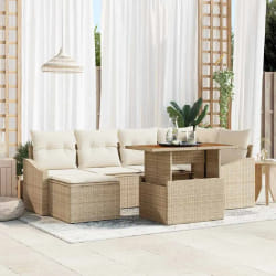 vidaXL Canapé de jardin 7 pièces avec coussins Beige Rotin poly