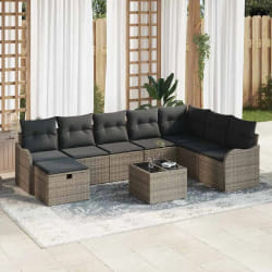 Ensemble de canapé de jardin à 9 pièces avec coussins en poly rattan gris