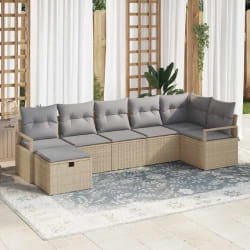 Ensemble de 7 pièces de canapé de jardin avec coussins beige en poly rotin