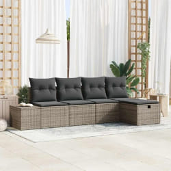 vidaXL Ensemble de Canapés de Jardin de 5 Pièces avec Coussins Gris en Polyrattan