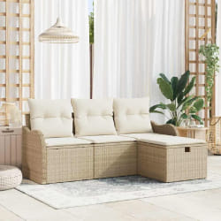 Ensemble de Canapé de Jardin 4 Pièces avec Coussins - Rotin Poly Beige