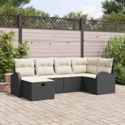 Ensemble canapé jardin 6 pièces avec coussins en rattan poly noir