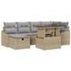 vidaXL Ensemble de salon de jardin 7 pièces avec coussins beiges en rattan synthétique.