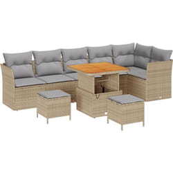 Ensemble de Canapé de Jardin 9 Pièces avec Coussins Beige Poly Rotin Acacia, Ensemble de Salle à Manger de Jardin 3 Pièces avec Coussins Beige Poly