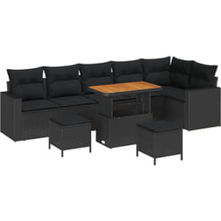 Ensemble de sofa de jardin 9 pièces avec coussins - Rotin poly noir et acacia, Ensemble de salle à manger de jardin 3 pièces avec coussins - Rotin