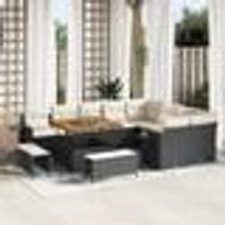 Set de sofa de jardin de 12 pièces avec coussins noir rotin poly acacia Set de salle à manger de jardin 3 pièces 3361775