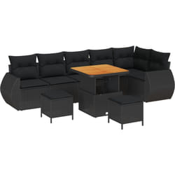 Ensemble de Canapés de Jardin 9 Pièces avec Coussins Noir Poly Rattan Acacia, Ensemble de Dîner de Jardin 3 Pièces avec Coussins Noir Poly Rattan
