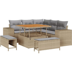 Ensemble de Canapé de Jardin 8 Pièces avec Coussins Beige Poly Rattan Acacia, Ensemble de Salle à Manger de Jardin 3 Pièces avec Coussins Beige Poly