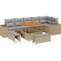 Ensemble de Canapé de Jardin 9 pièces avec coussins en Rattan Poly Beige Acacia, Ensemble de Salle à Manger de Jardin 3 pièces avec Coussins Rattan
