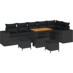 Ensemble de Canapé de Jardin 9 pièces avec Coussins Noir Rattan Acacia, Ensemble de Salle à Manger de Jardin 3 pièces avec Coussins Noir Rattan