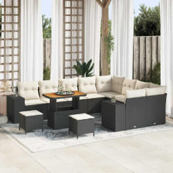 vidaXL Ensemble de canapé de jardin 12 pièces avec des coussins en poly rotin noir et en acacia.